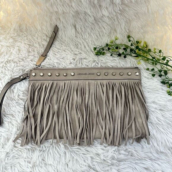 Michael Kors Billy Gray Fringed & Studded‎ Suede Zip Clutch Bag - Picture 1 of 10